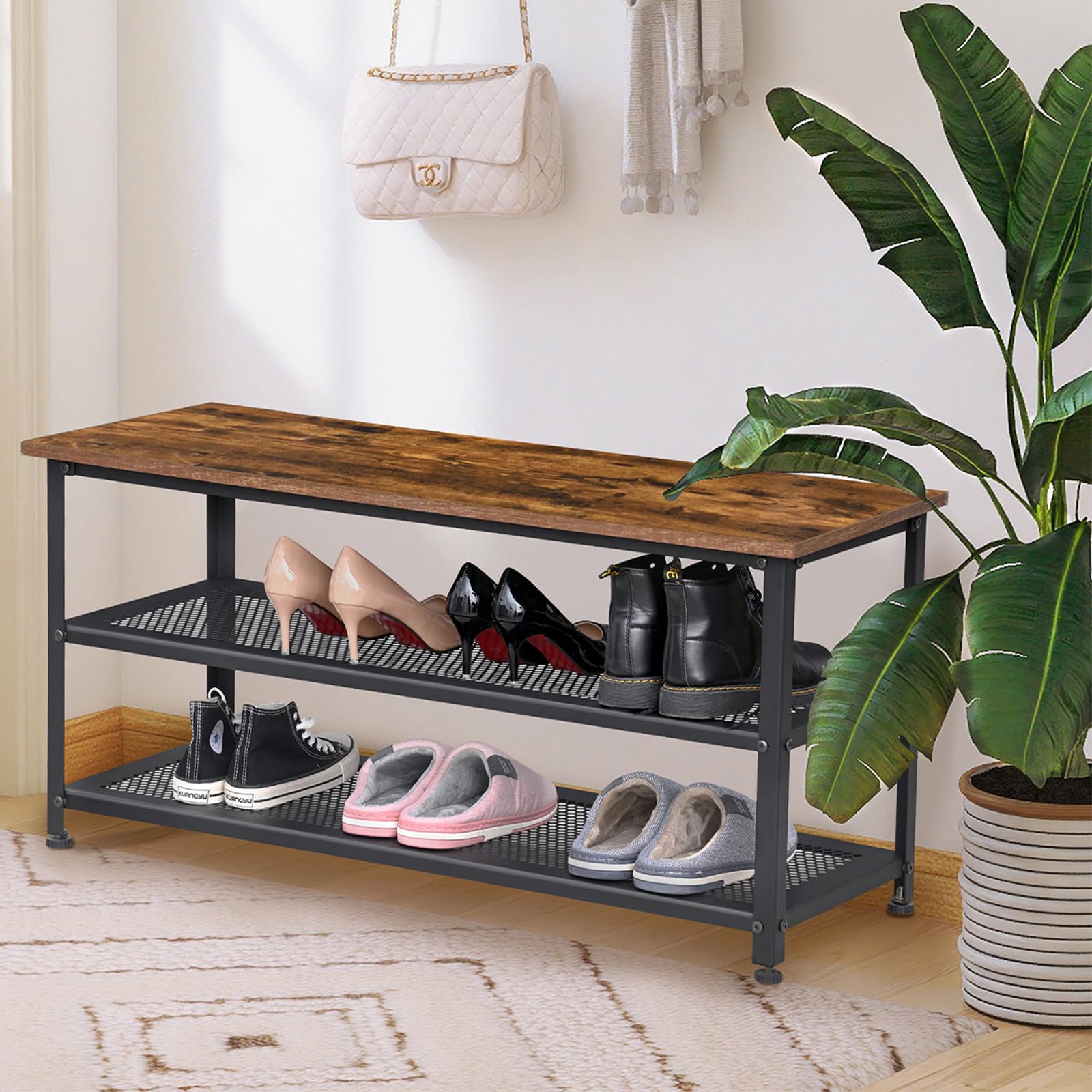 H JINHUI Shoe Bench, Industrial Shoe Rack with Mesh Shelves, 100 x 38 x 45 cm Storage Organiser Shelf, Steel Structure, for Living Room, Bedroom