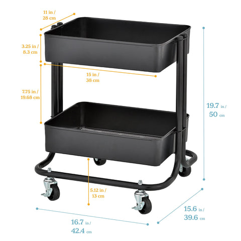 ECR4Kids 2-Tier Metal Rolling Utility Cart - Under Desk Office Storage, Multipurpose Mobile Organizer, Black