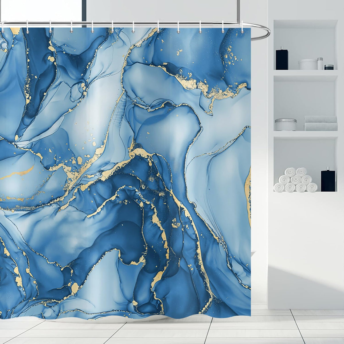 ASDCXZ Blue Marble Shower Curtain 180x180 cm, Modern Abstract Art Blue Gold Marble Optics Texture Waterproof Bath Curtain Polyester Textile Washable