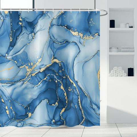ASDCXZ Blue Marble Shower Curtain 180x180 cm, Modern Abstract Art Blue Gold Marble Optics Texture Waterproof Bath Curtain Polyester Textile Washable