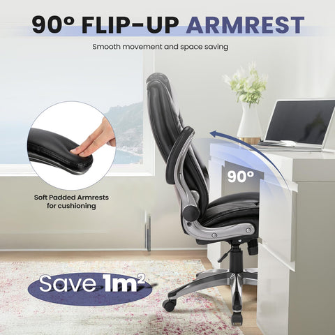 COLAMY Leather Executive Office Chair, Ergonomic Computer Chair with High Back, Spring Cushion Desk Chair for Home Office with Padded Flip-up Arm