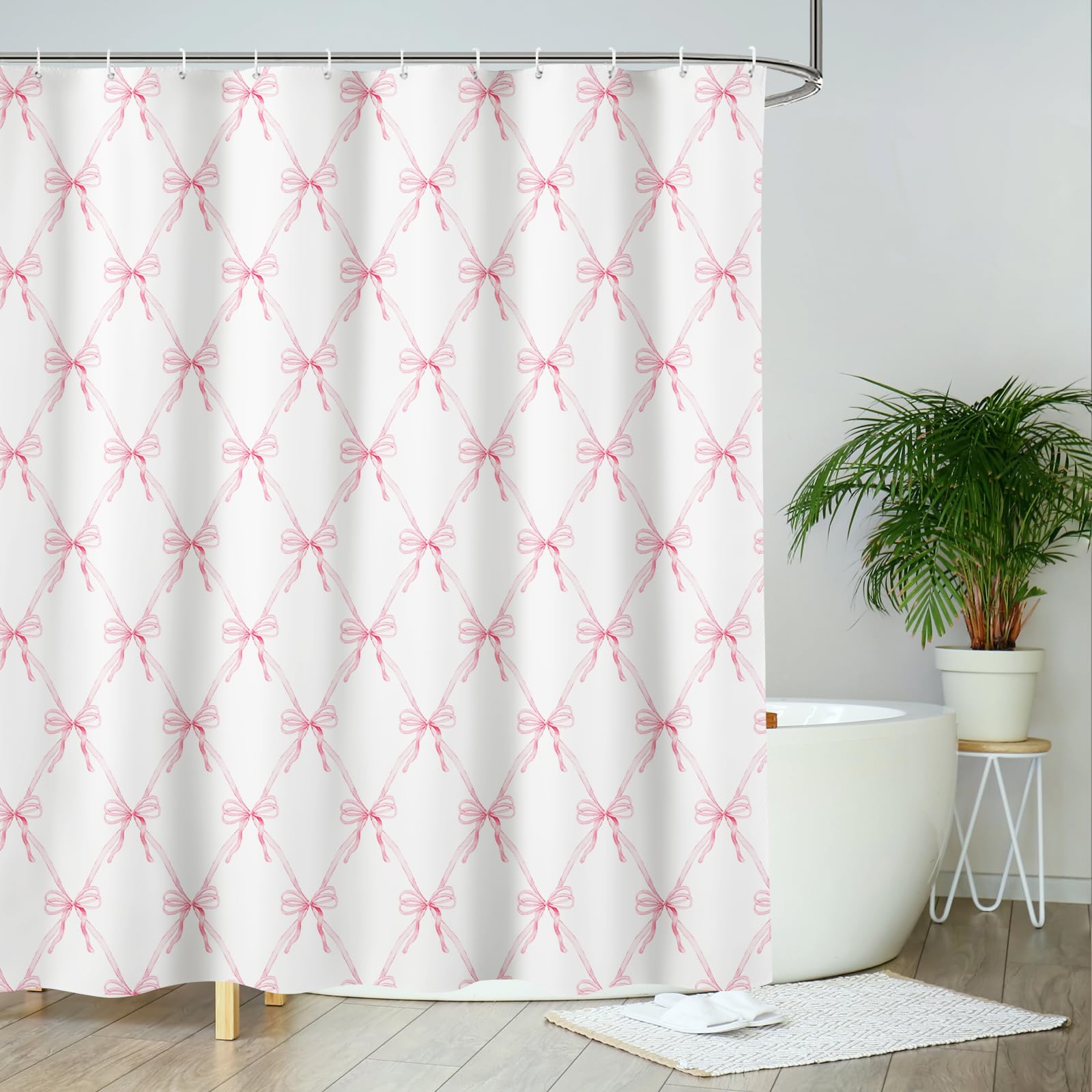 AIBIIN Cute Shower Curtain Pink Bow bath curtain for Bathroom Modern Aesthetic Cloth Shower Curtain Durable Waterproof Polyester Material with 12