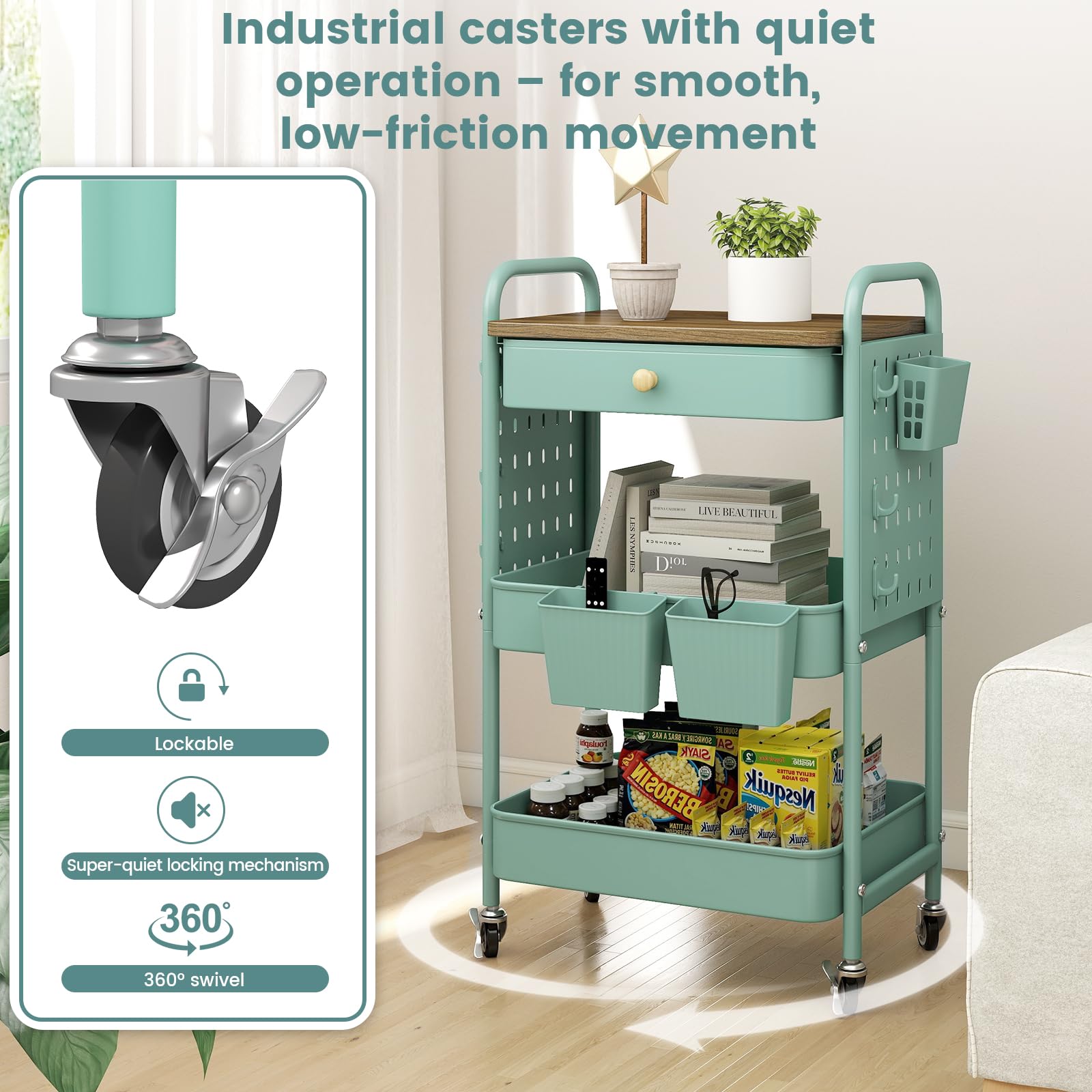 danpinera 3 Tier storage trolley, Metal storage cart with DIY Pegboard & Drawer, storage trolley on wheels with Hooks & Hanging Cups for Living Room