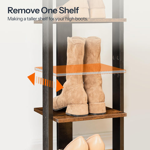 HOOBRO Shoe Rack Wooden, Tall Shoe Rack, Narrow Shoe Storage Organizer with 2 Hooks, Slim Narrow Shelf, Vertical Tower for Entrance, Living Room
