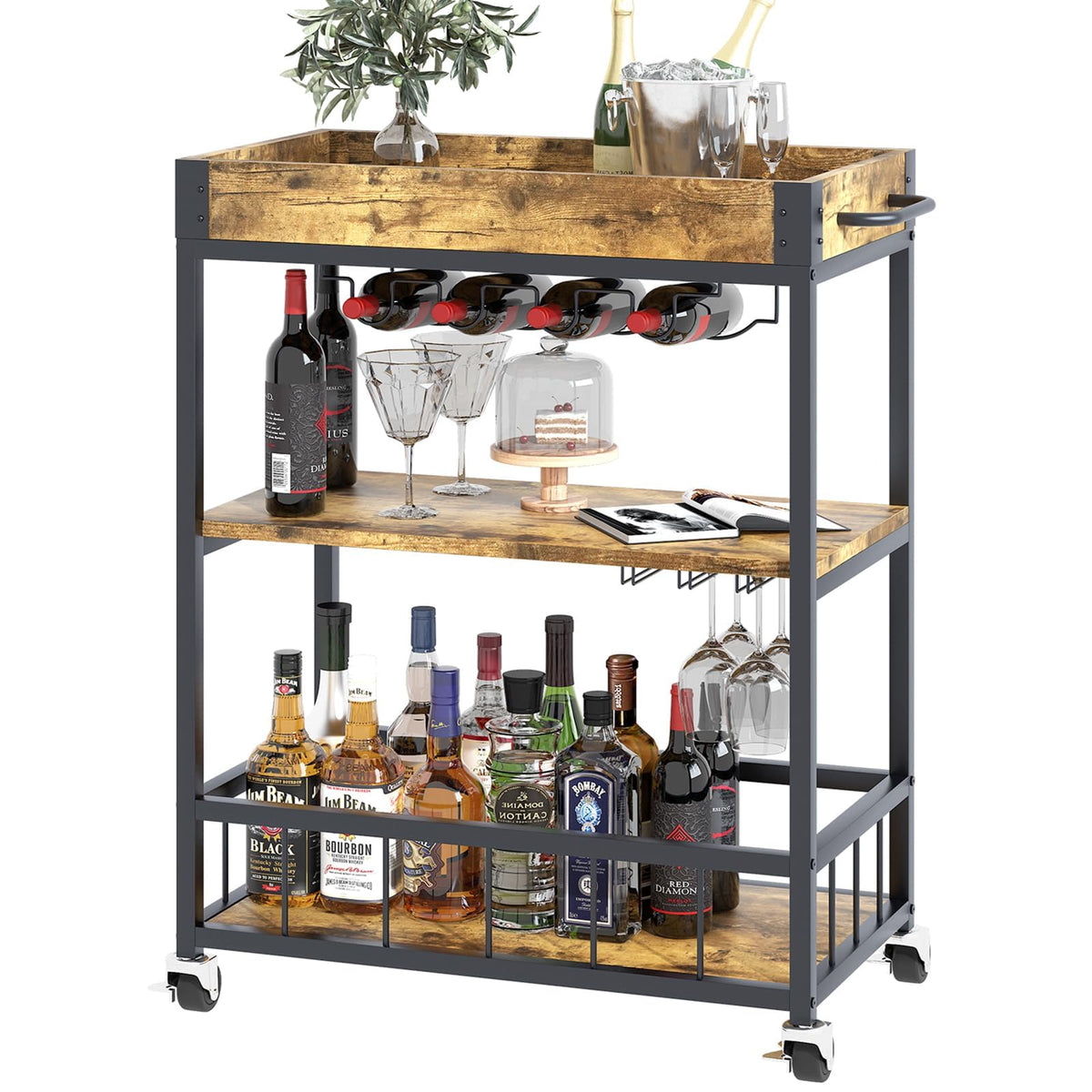 Bar Cart, 3 Tier Serving Trolley, Rolling Wine Trolley, Drinks Trolley