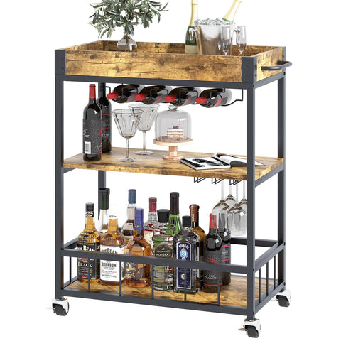 Bar Cart, 3 Tier Serving Trolley, Rolling Wine Trolley, Drinks Trolley