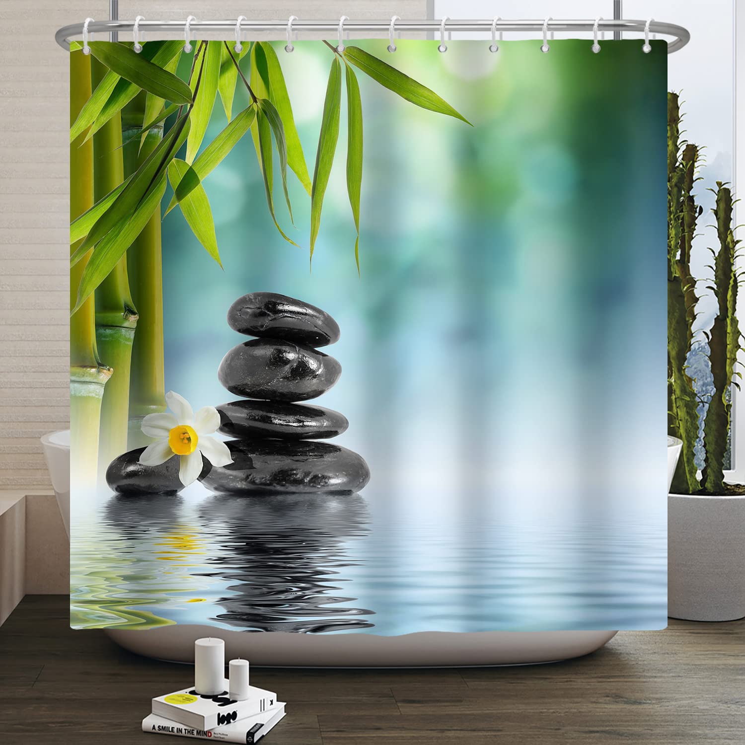 SDOTPMT 72x96inch Spa Japanese Theme Shower Curtain Green Bamboo Leaves Orchid Basalt Stones Bath Curtain Zen Meditation Bathtub Curtain for Bathroom