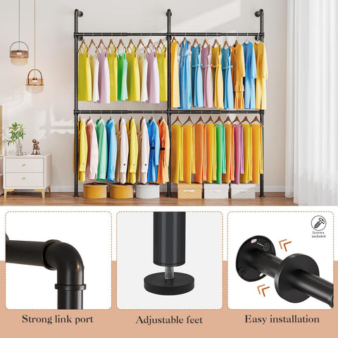 KZOBYD Extendable Wall Mounted Clothes Rails, Width 124 cm to 219 cm, Black
