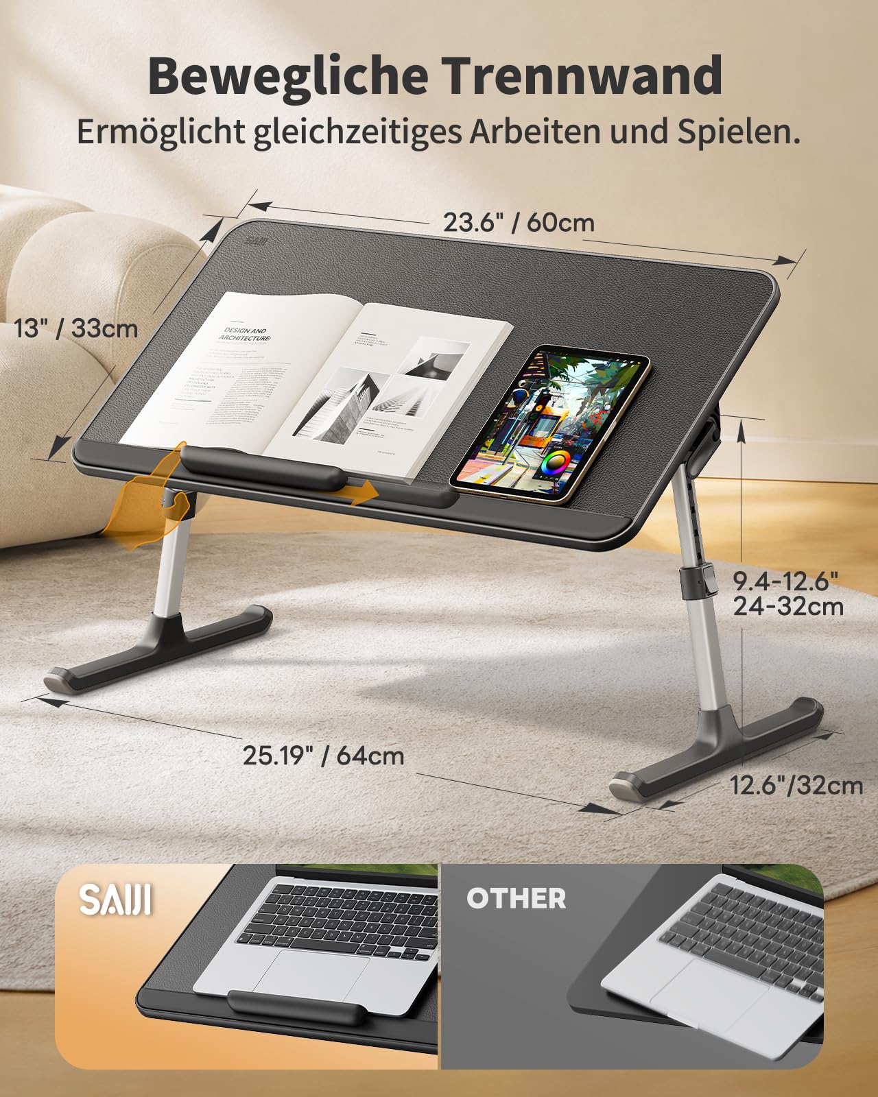 SAIJI Non-Slip Leather Lap Desk Laptop Bed Tray Table, Laptop Stand for Bed