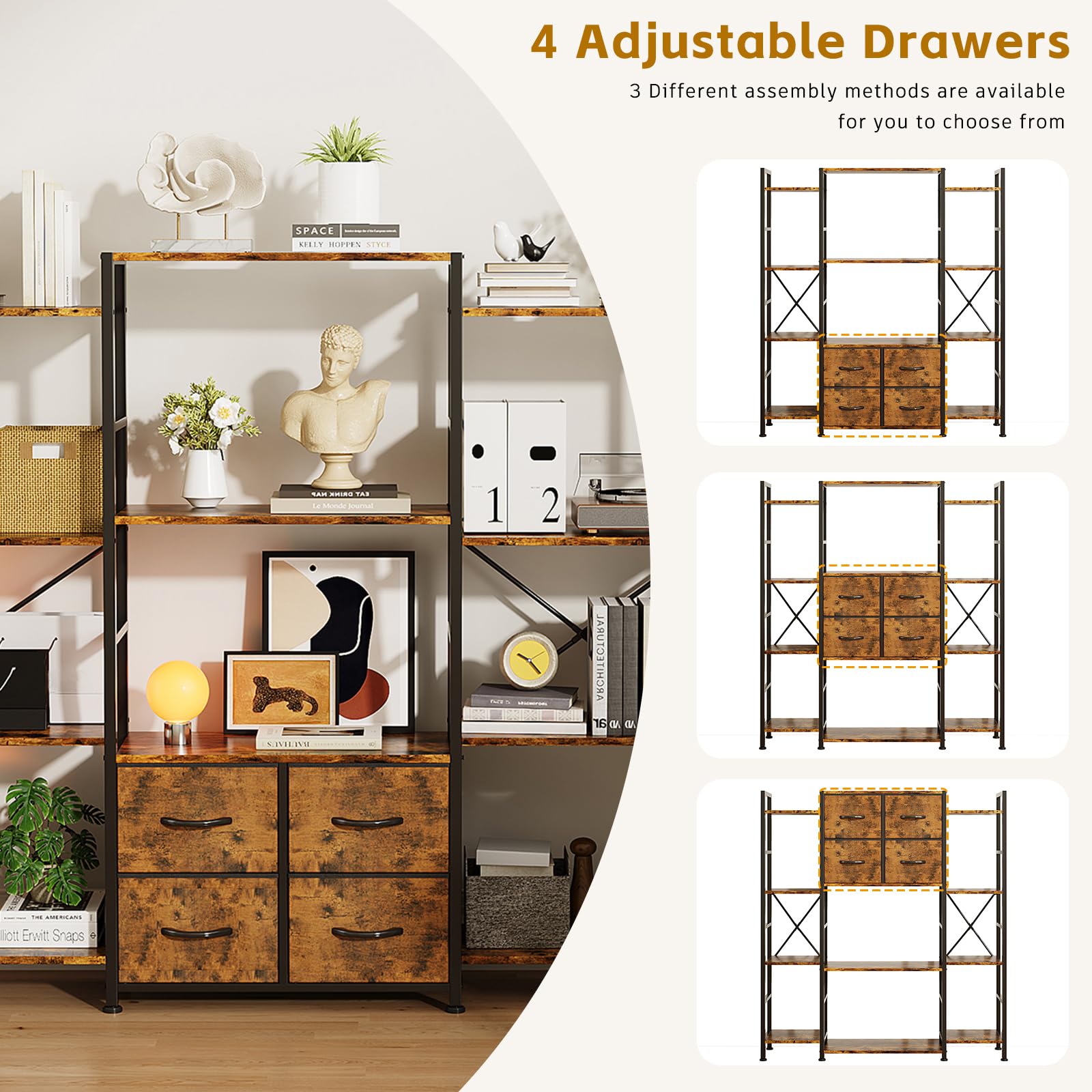 VERMESS 122W x142H cm Triple Book Shelf, 4 Tier Industrial Bookshelf for Home & Office, 47" Wide Large Shelving Unit with 4 Adjustable Fabric Drawers