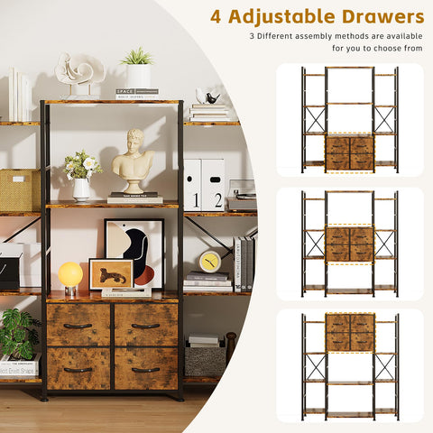 VERMESS 122W x142H cm Triple Book Shelf, 4 Tier Industrial Bookshelf for Home & Office, 47" Wide Large Shelving Unit with 4 Adjustable Fabric Drawers