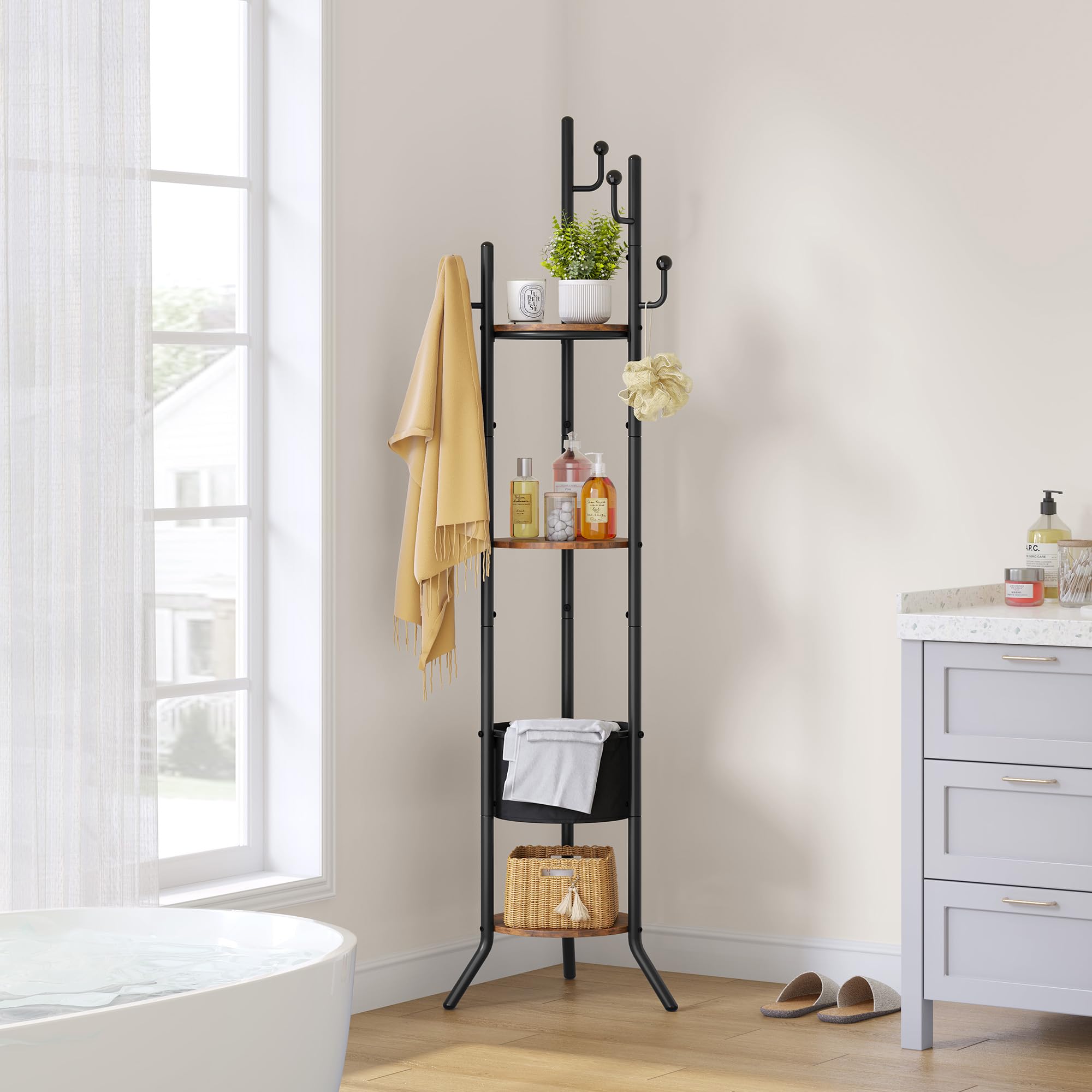 Hoctieon Coat Rack Freestanding, Round Coat Rack with 3 Wooden Shelves and 1 Fabric Basket, Metal Clothes Tree with 5 Hooks