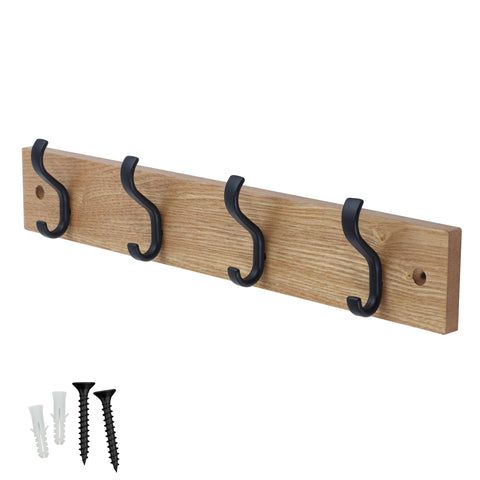 keypak Wall-Mounted Coat Rack – 4 Black Hooks on Stylish 38cm Ash Wood