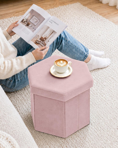 Bonlife Folding Storage Ottoman Hexagonal, Footrest with Toy Ches Box, 43cm
