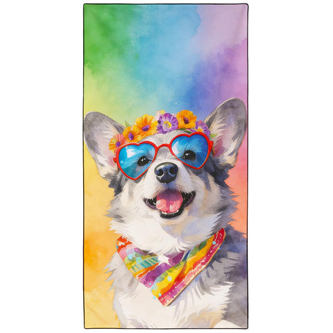 Violetpos Heart Sunglasses Corgi Beach Towel for Dog Lovers, Extra Large 180x90 cm 250GSM Microfibre, Sand Free Quick Dry