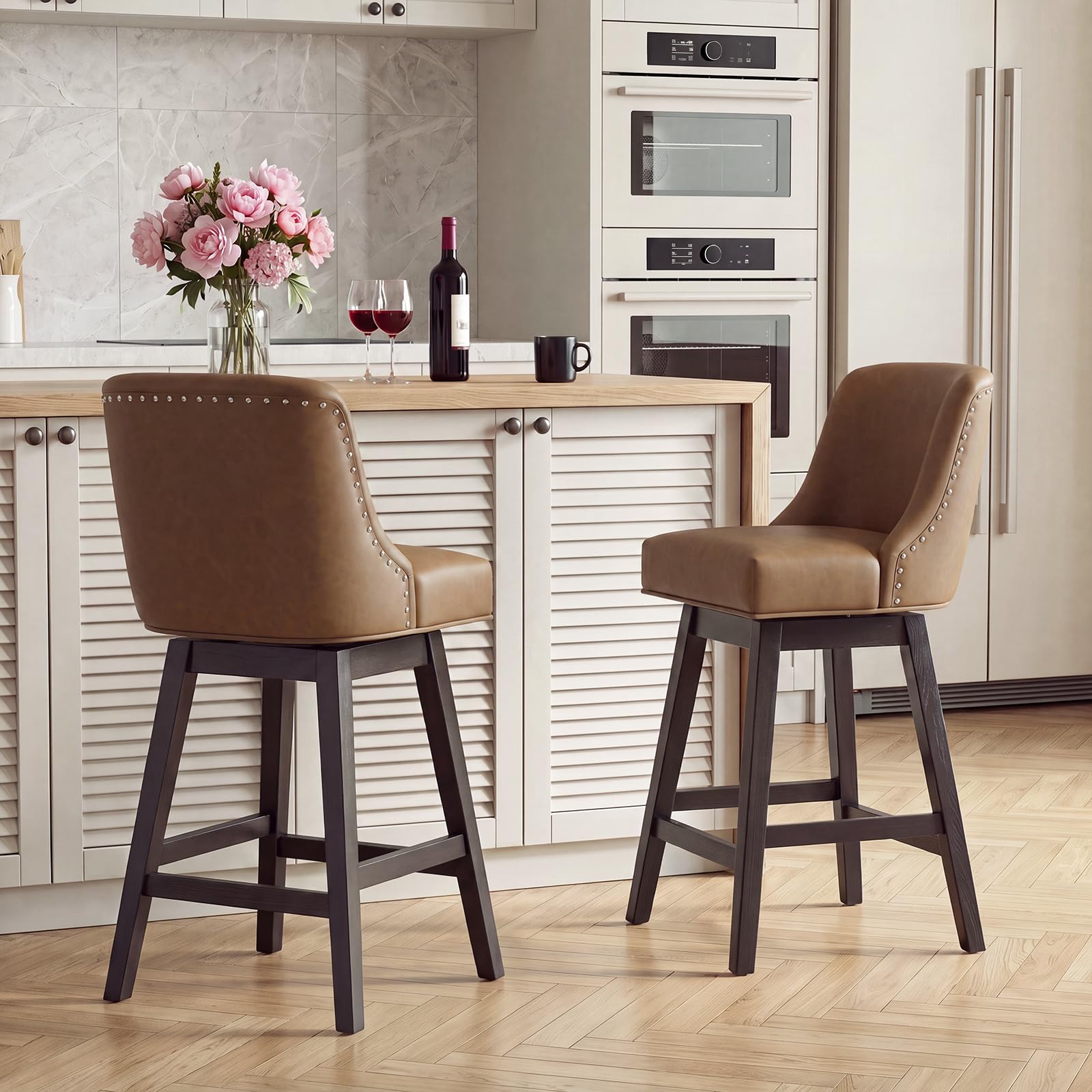 Bar Stools Set of 2, 360° Swivel Upholstered Counter Stools with Back, Wooden Frame Kitchen Bar Chairs with Nailhead Trim