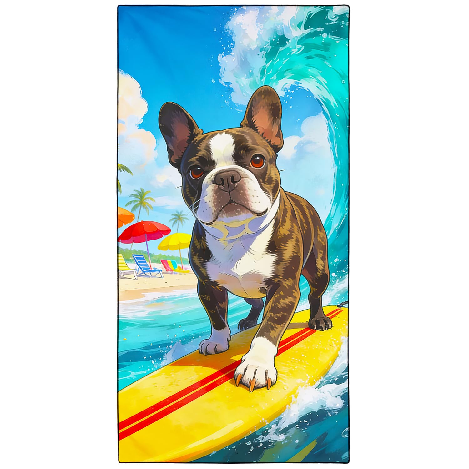 Violetpos Surfing French Bulldog Beach Towel, Extra Large 180x90 cm 250GSM Microfibre, Sand Free Quick Dry