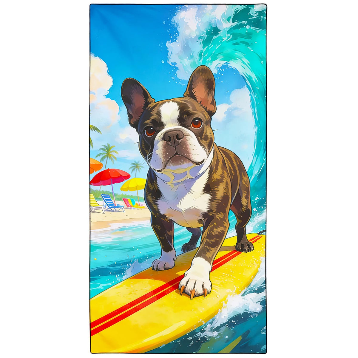 Violetpos Surfing French Bulldog Beach Towel, Extra Large 180x90 cm 250GSM Microfibre, Sand Free Quick Dry