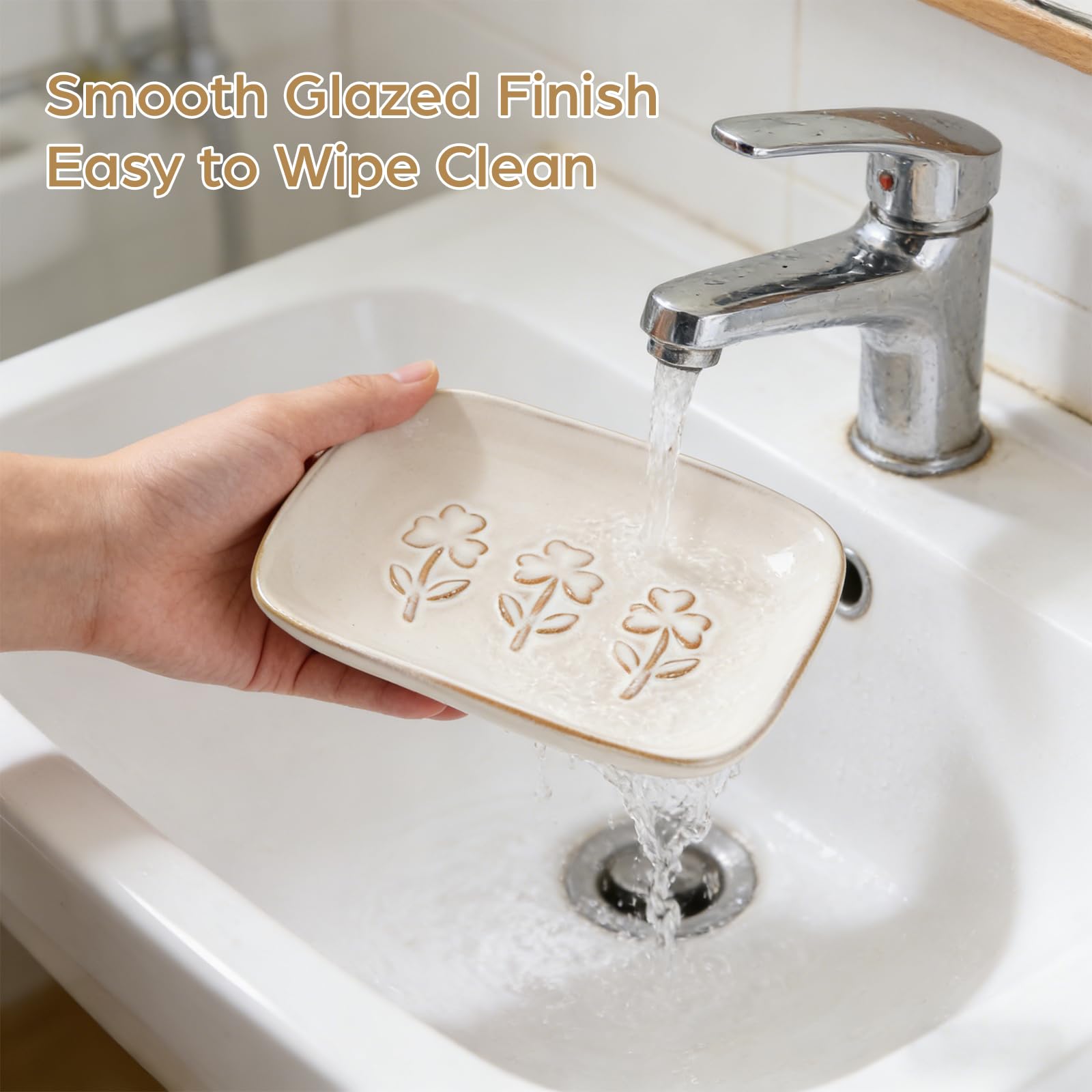 Ceramic Soap Dish, Soap Holder for Bathroom Shower & Kitchen, Anti-Slip Soap Tray with Raised Floral Pattern, Waterproof Glazed Dish Keeps Soap Dry