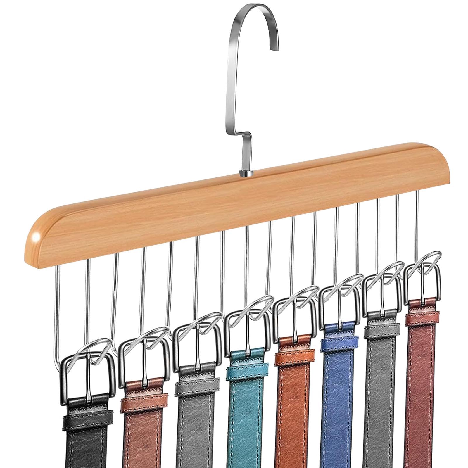 Belt Hanger With 8 Hooks, 360° Rotating Wooden Tie Rack