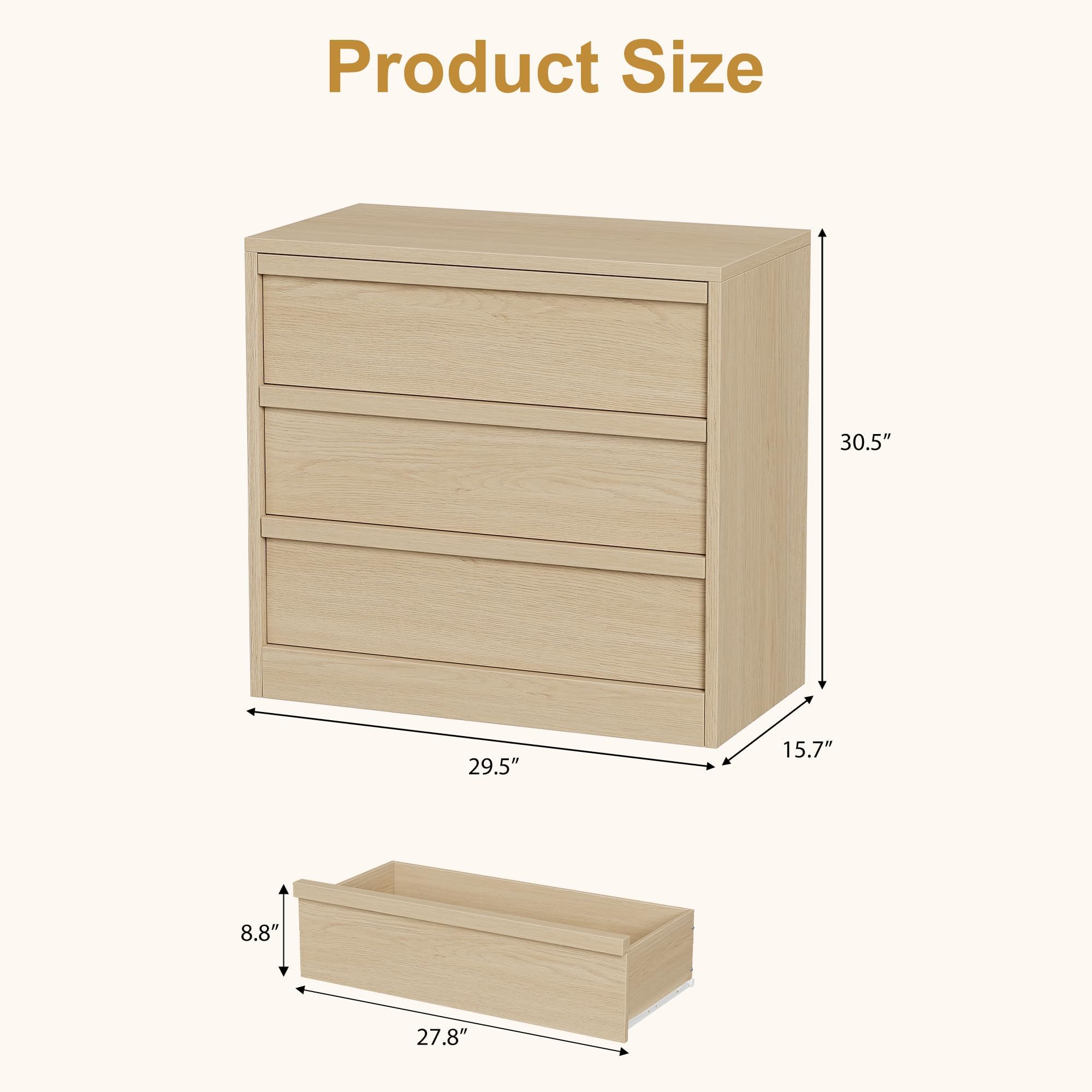 Crevyteg Modern 3-Drawer Storage Cabinet, Wooden Handle Dresser with Smooth Gliding, Sturdy Bedside Table for Bedroom, Living Room, Nursery Entryway