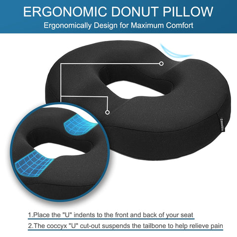 Emoobin Donut Pillow Memory Foam Seat Cushion for Office Chair, Car Seat and Wheelchair, 18 Inches Black