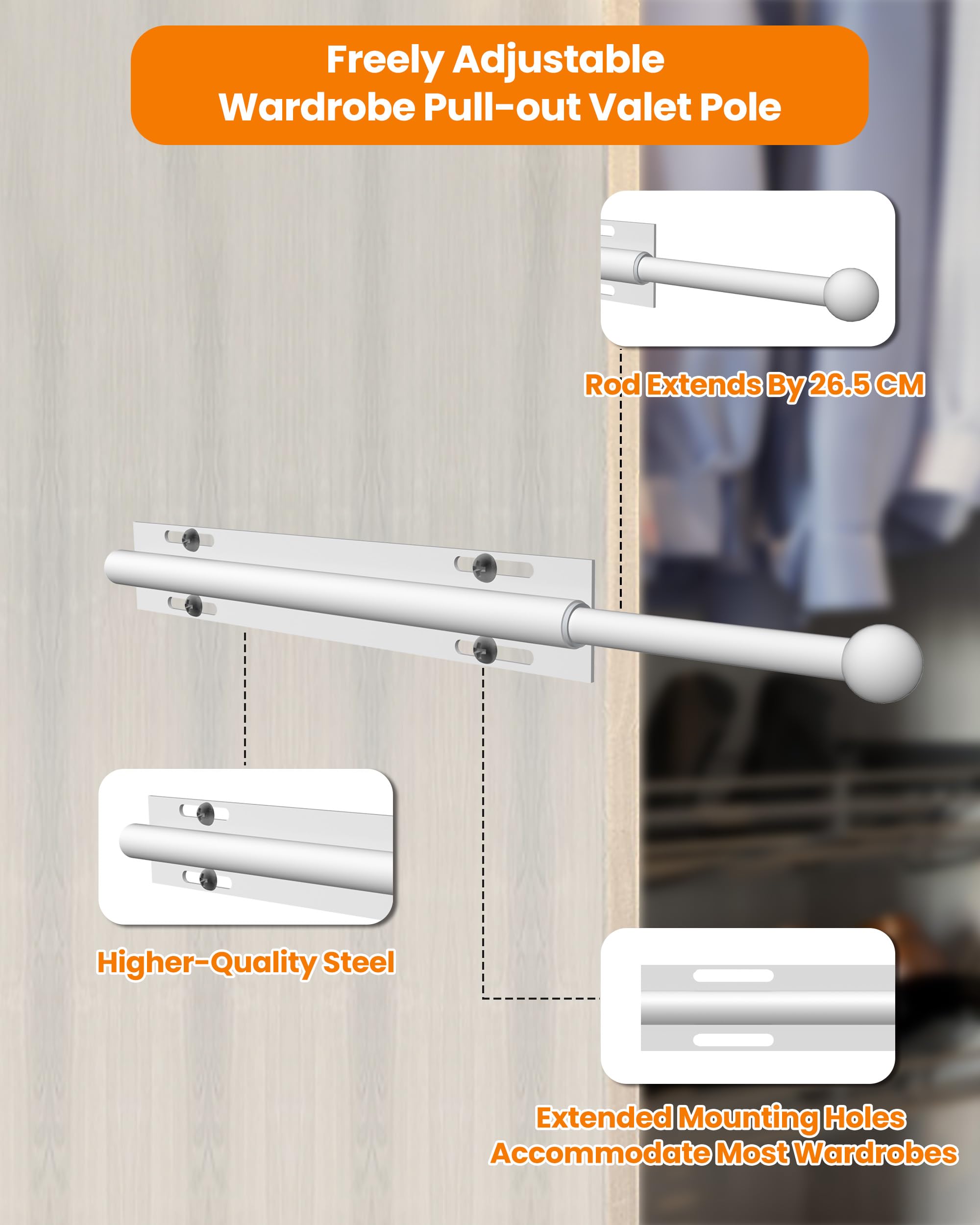 Widyana Telescopic Wardrobe Rail | Extendable Valet Rod for Clothes (12”) | Adjustable Pull-Out Hanging Rail for Suits & Next-Day Outfits, White