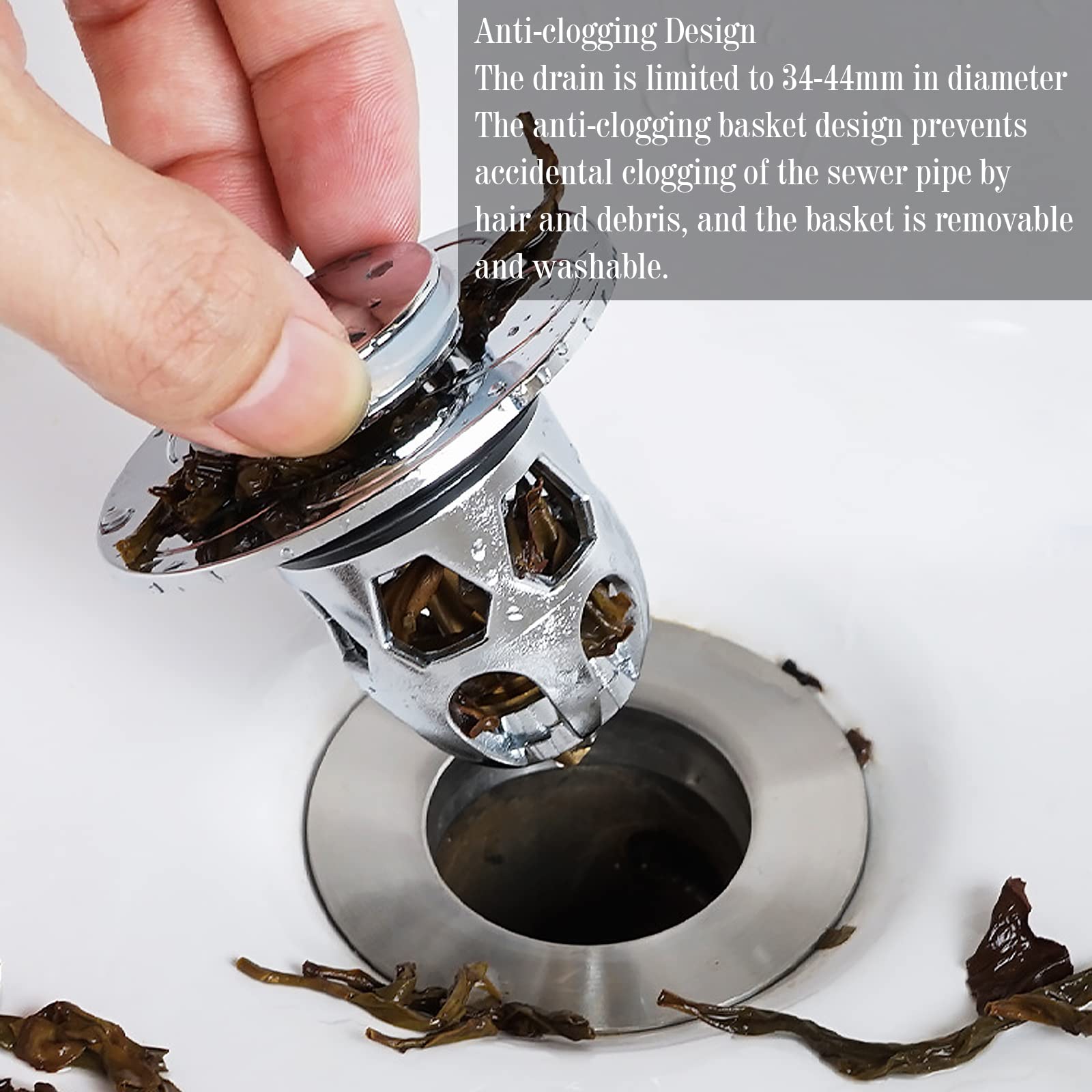 RUNEAY Sink Drain Plug Pack of 2 Sink Plug Pop Up Universal Drain Strainer with Anti-Clogging Strainer for Sinks Bathtub Kitchen Diameter 34-40 mm