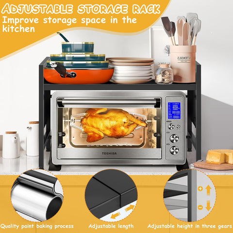 2-Tier Expandable Microwave Shelf, Adjustable Microwave Shelf with Knife Holder, 6 Hooks, Microwave Holder Made of Carbon Steel, Flexible