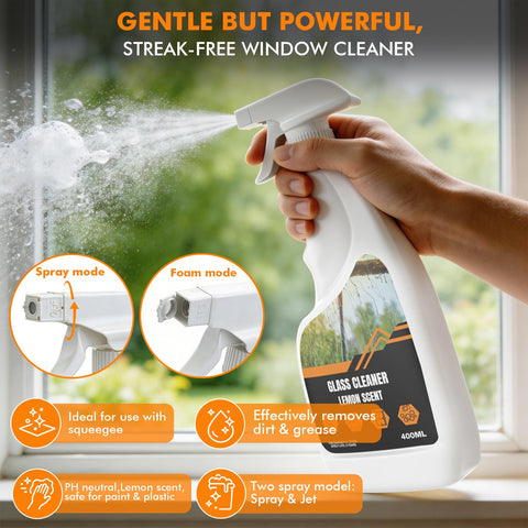 Window Cleaning Squeegee & Washer Set, 2-in-1 Window Cleaning Equipment with 2m(6.6Ft) Extendable Pole & 400ml Glass Cleaner,Streak-Free Cleaning for