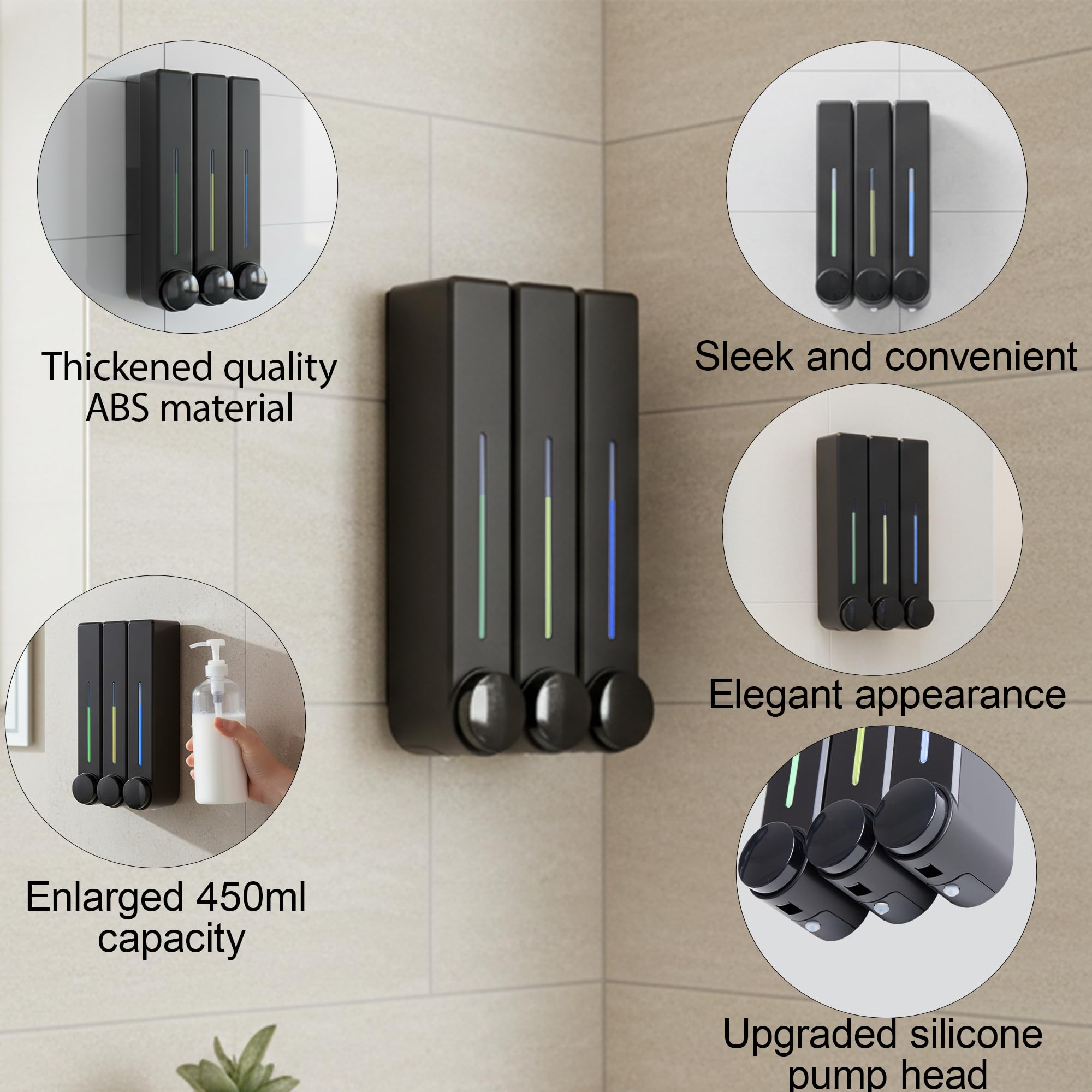VrEnduuo Shower Dispenser 3 Chamber No Drill,Shampoo and Conditioner Dispenser,Shower Soap Dispenser Wall Mounted for Bathroom Hotel Toilet with