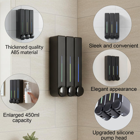 VrEnduuo Shower Dispenser 3 Chamber No Drill,Shampoo and Conditioner Dispenser,Shower Soap Dispenser Wall Mounted for Bathroom Hotel Toilet with