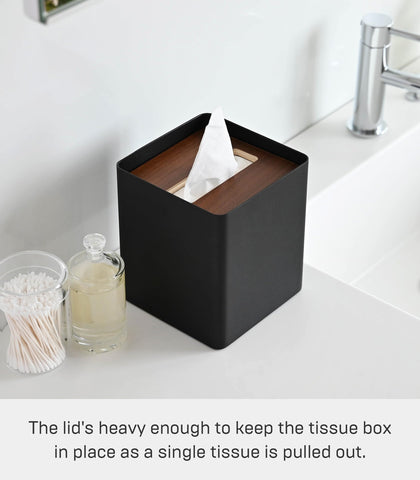 Yamazaki Home Rin Reusable Tissue Box Cover Metal Holder Container Case with Natural Wooden Lid - Steel