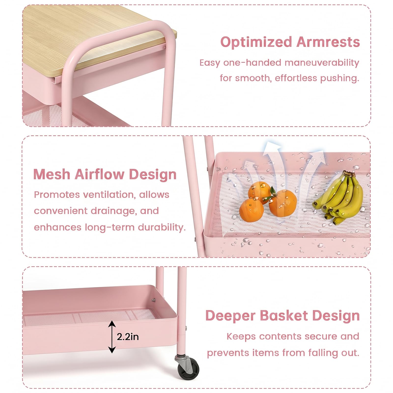 danpinera 3 Tier Rolling Cart, Metal Utility Cart with Wooden Table Top & Drawer, Rolling Carts, Storage Cart with Hanging Cups for Kitchen, Bathroom