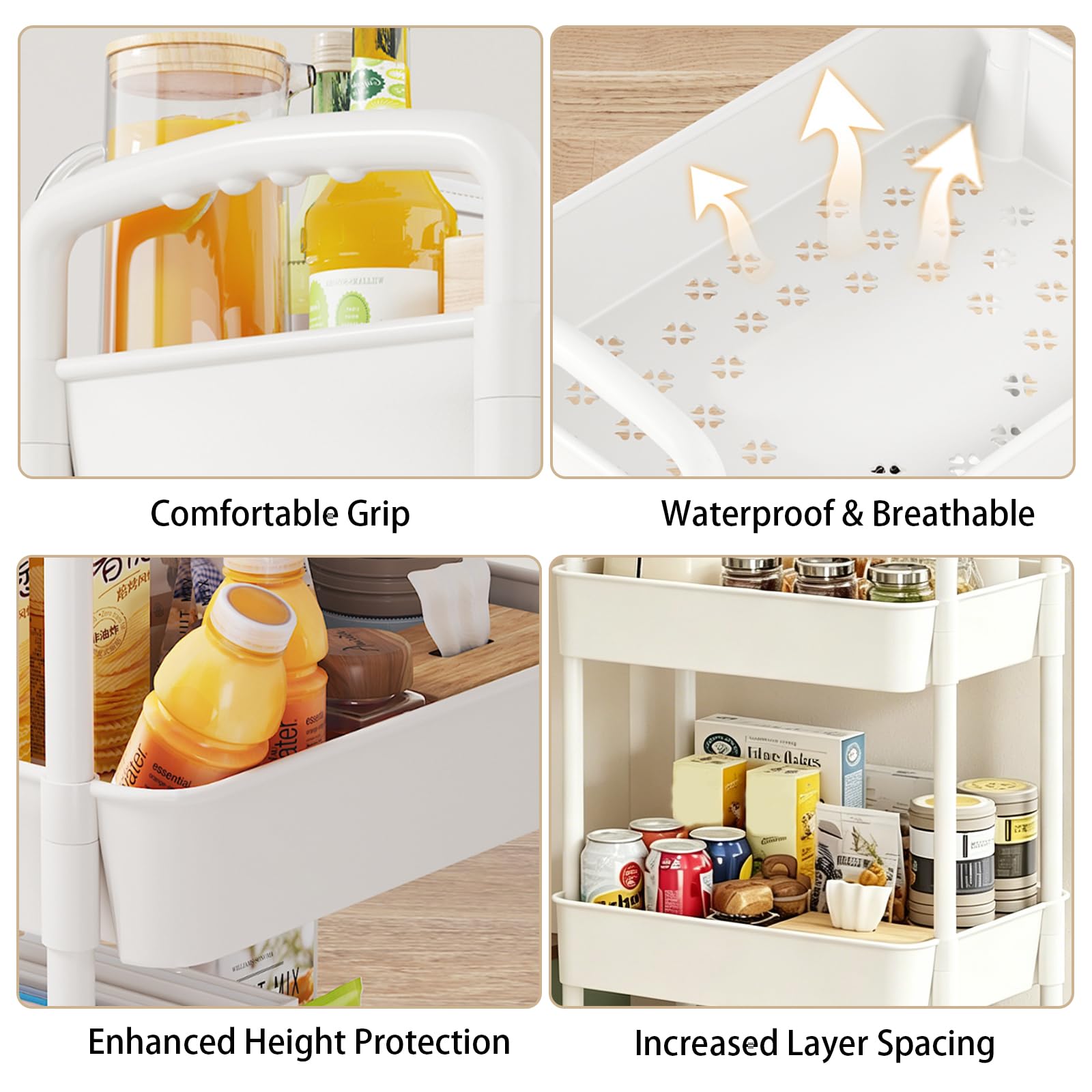 3-Tier Storage Trolley on Wheels, Metal & Plastic Kitchen Utility Cart with Handle – Slim Rolling Mobile Shelving Organiser for Bathroom, Office