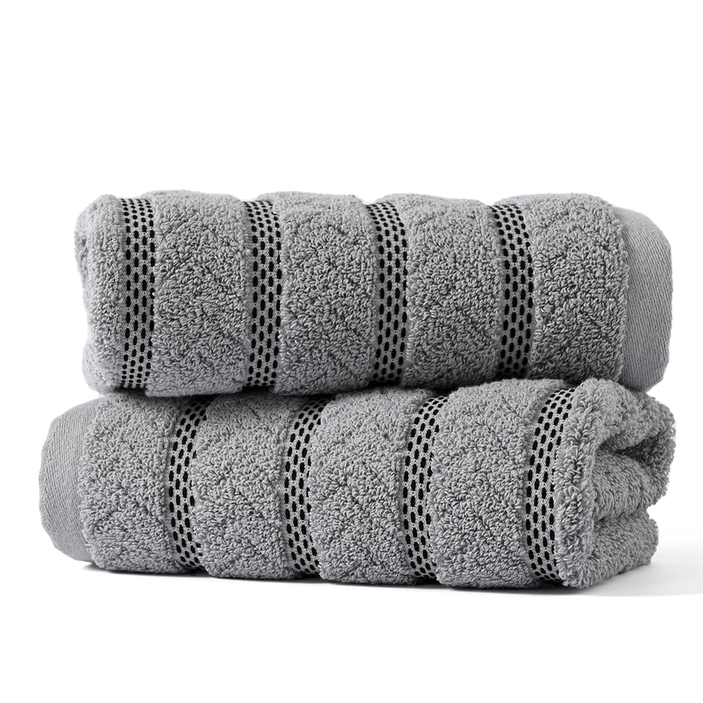 sense gnosis Light Grey Jacquard Ribbed Striped Decorative Hand Towel Luxury Soft Absorbent 100% Cotton Bathroom 2 PC Hand Towel Set 13 x 29 Inch