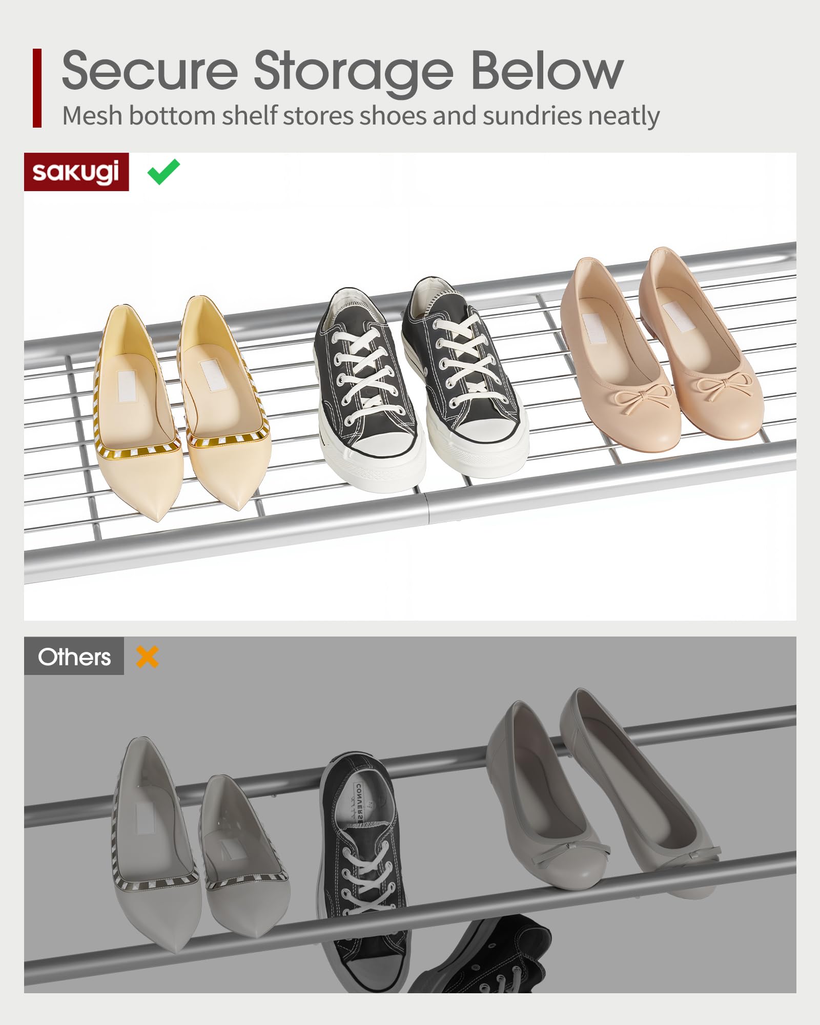 Sakugi Heavy-Duty Clothing Rack Wide Rod & Mesh Shelf, 116x43x150cm, Silver