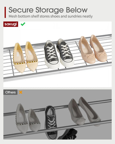 Sakugi Heavy-Duty Clothing Rack Wide Rod & Mesh Shelf, 116x43x150cm, Silver
