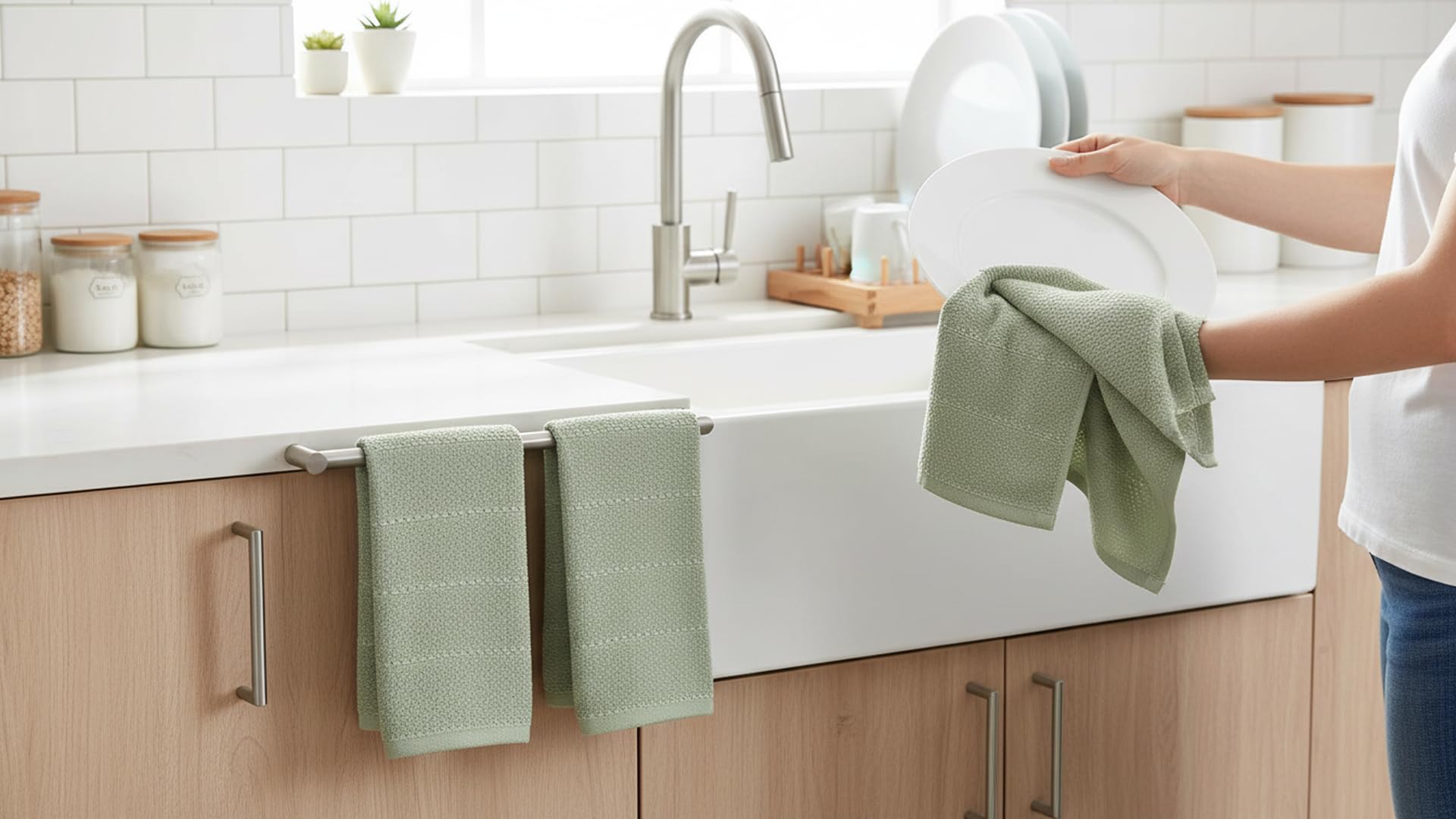 Sage Green Kitchen Dish Towels: 100% Cotton Cloth Soft Cleaning Drying Absorbent Textured Terry Loop, Set of 3 Multipurpose for Everyday Use