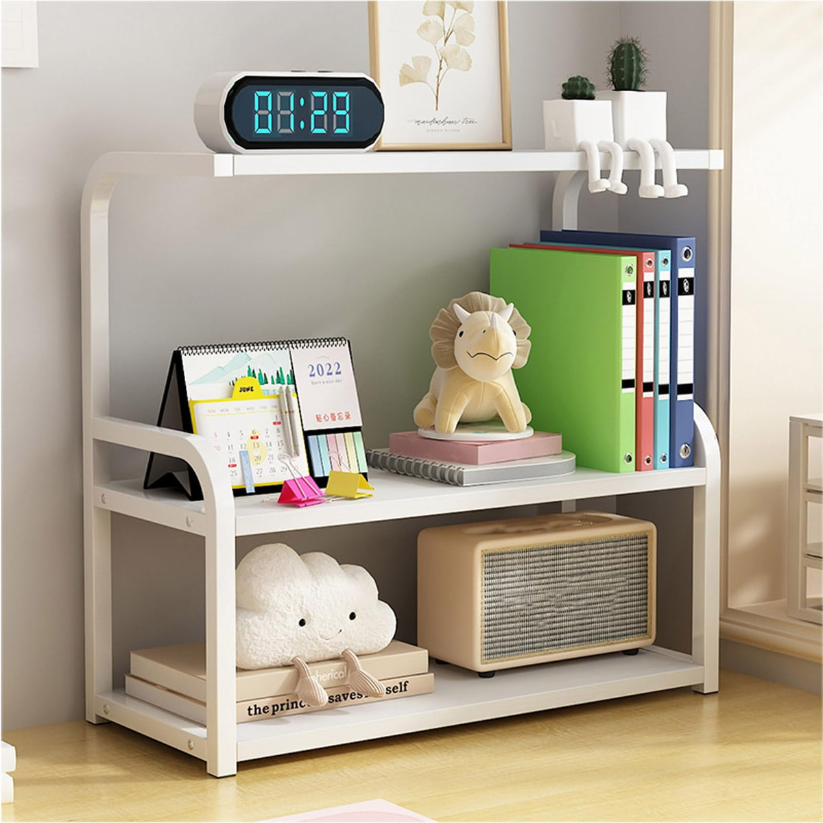 Numjeg Bookshelf 3-Tier Desktop Wood White Metal Rack Supplies Bedroom Shelf Big Bookcase Organizer Shelf for Top of Desk and Dresser Living Room