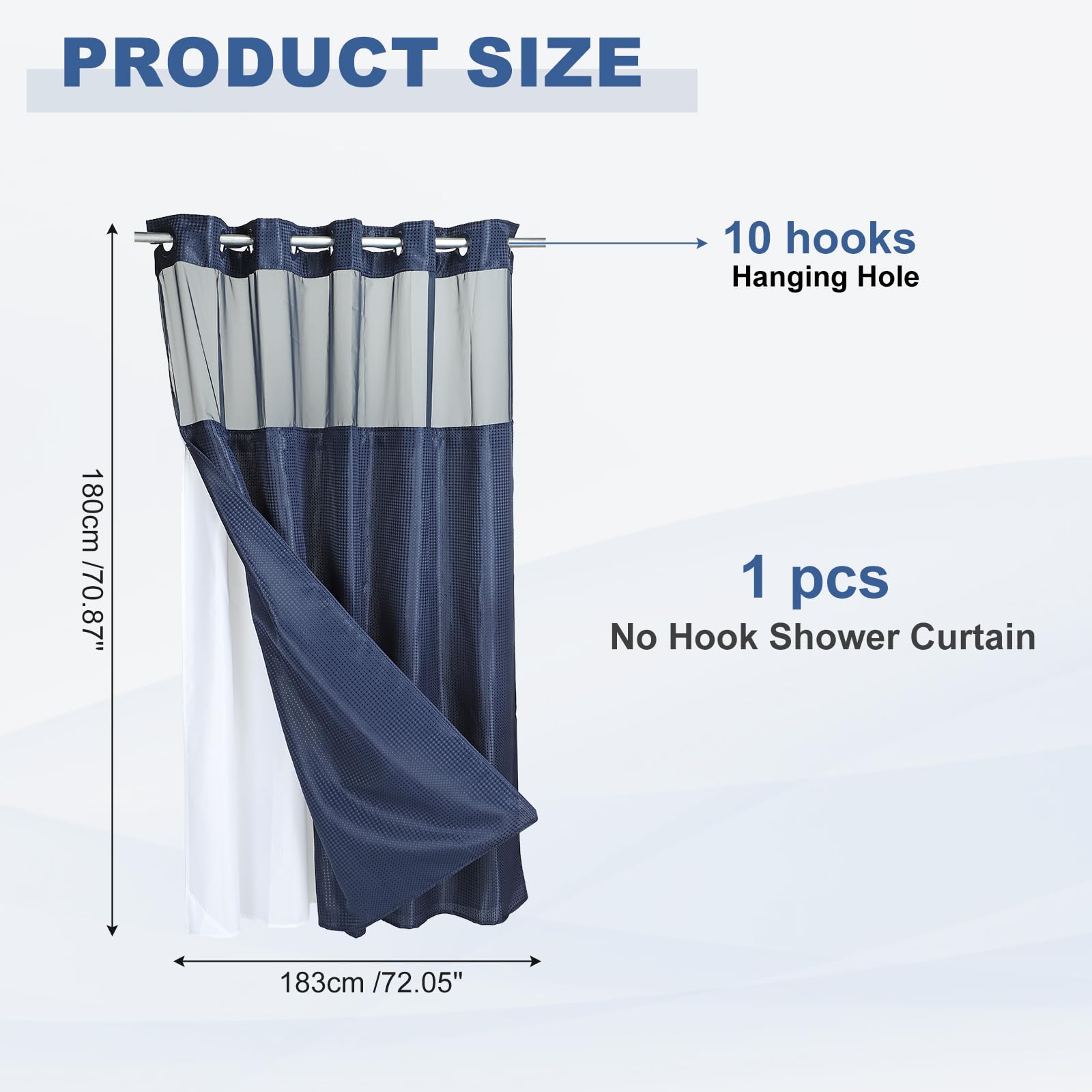 DTGN No Hook Shower Curtain, 180Wx183L cm Polyester Snap-in Removable Liner Set, Waterproof Washable Waffle Weave Textured Shower Curtains for Home