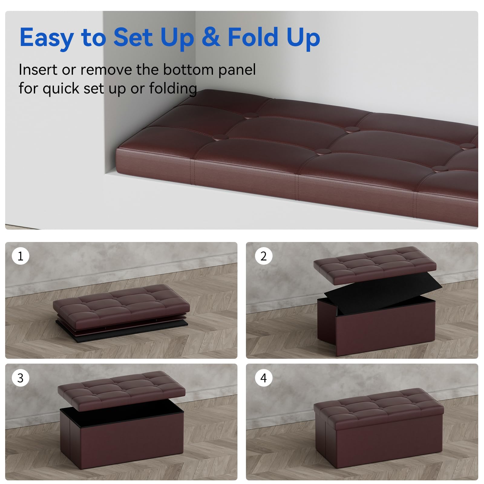 BRIAN & DANY Folding Ottoman Bench Storage Box with Lid, Large Storage Seat Faux Leather Footstool Toy Storage Box, Brown, 80 x 40 x 40 cm