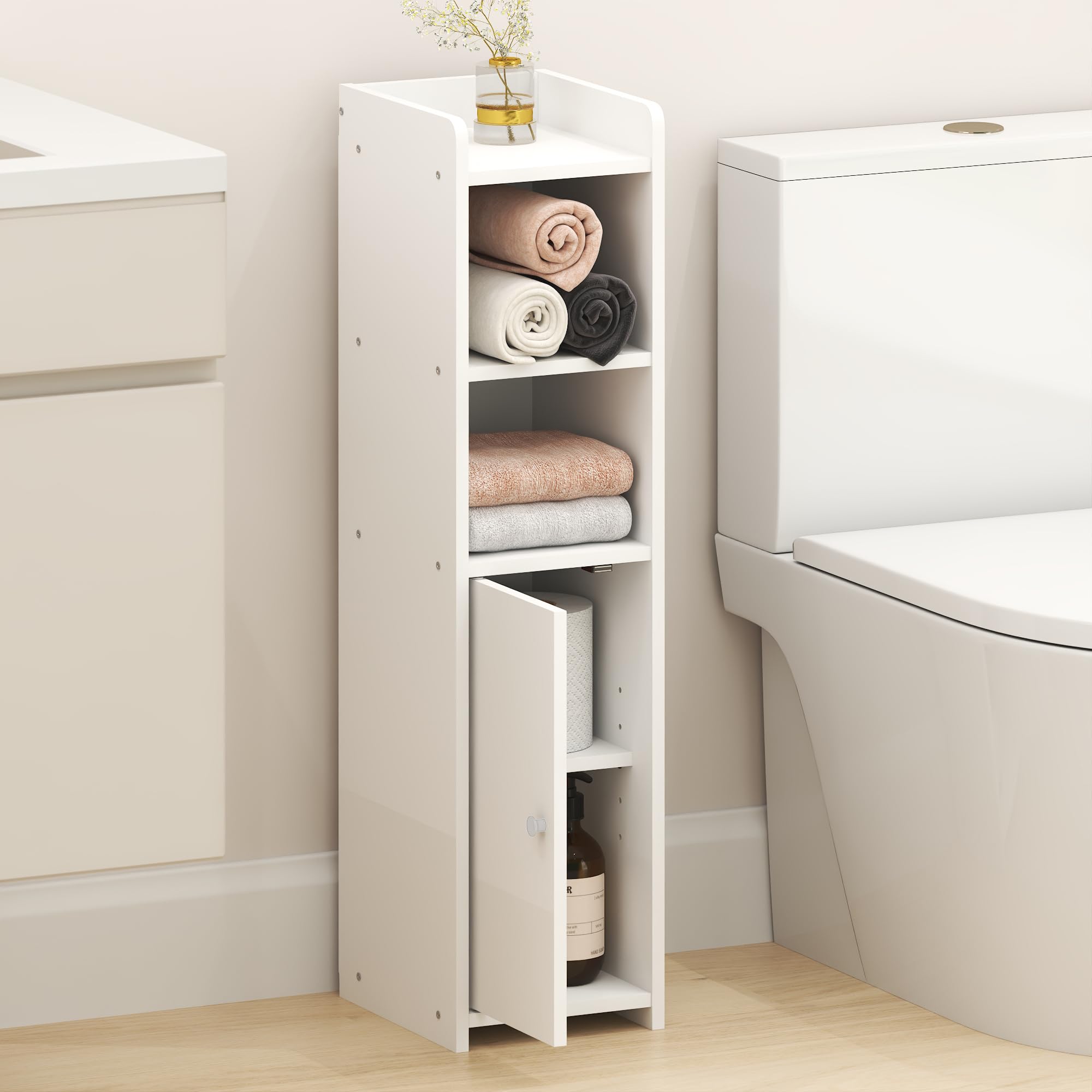 Furinno FULDA Bathroom Storage Cabinet, 5-Tier Bathroom Cabinet, Narrow Cabinet with Door and Adjustable Shelves, 80cm H, for Small Spaces, Bathroom
