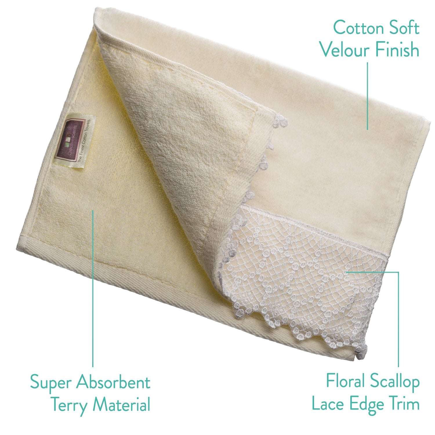 Creative Scents Extra-Absorbent Towels, 100% Cotton Velour Cream Towel, with Scallop Lace Trim - 4 Piece Towel Set, Fingertip Towel 11 by 18-Inch
