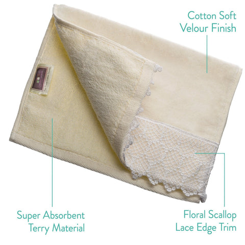 Creative Scents Extra-Absorbent Towels, 100% Cotton Velour Cream Towel, with Scallop Lace Trim - 4 Piece Towel Set, Fingertip Towel 11 by 18-Inch