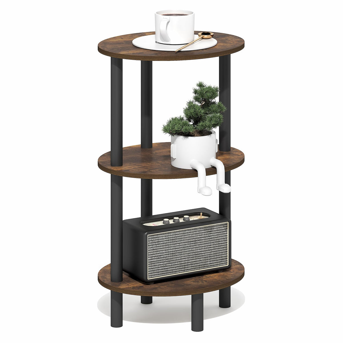 Furinno TURN-N-TUBE Side Table, 3-Tier Oval End Table, Night Stand, Bedside Table, for Living Room, Bedroom, Amber Pine/Black