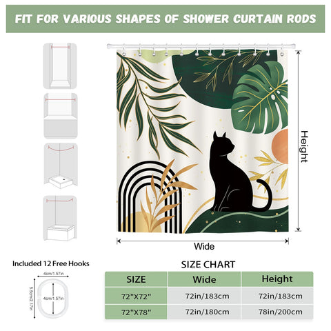 hometrixx Boho Black Cat Palm Leaf Sun Shower Curtain Green 72X78Inch