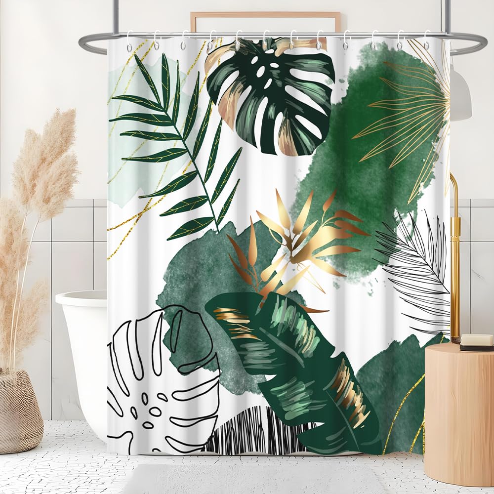 Uiiooazy Green Gold Shower Curtain, Abstract Palm Leaves Boho Monstera Tropical Plante Bath Curtain Anti Mildew Waterproof Polyester Fabric Opaque