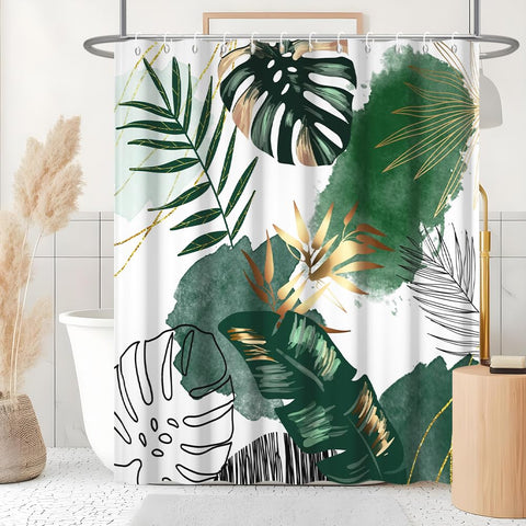 Uiiooazy Green Gold Shower Curtain, Abstract Palm Leaves Boho Monstera Tropical Plante Bath Curtain Anti Mildew Waterproof Polyester Fabric Opaque
