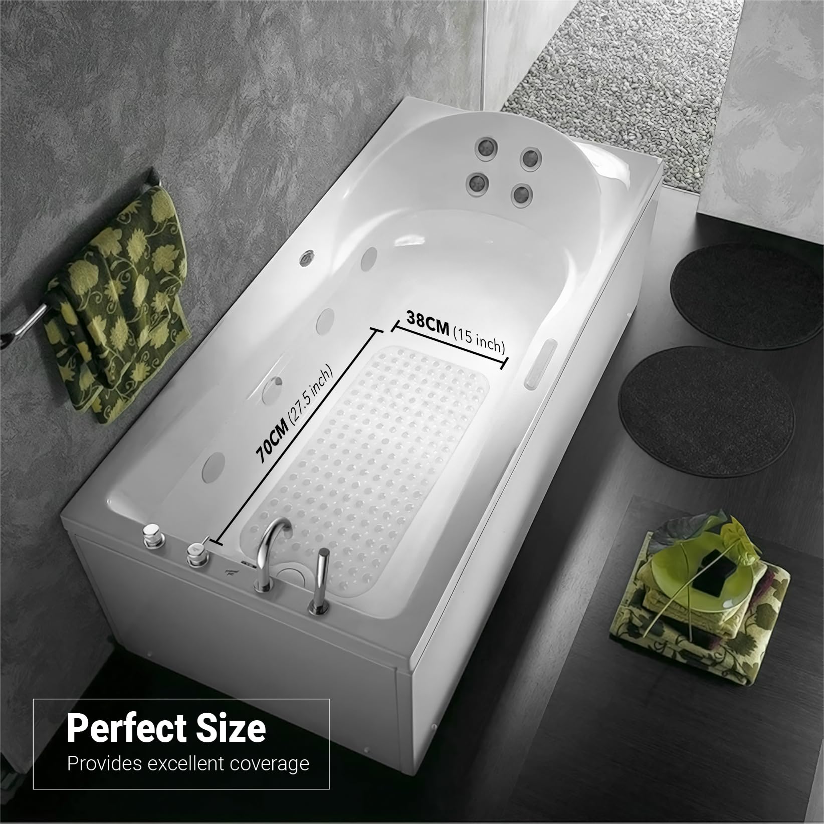 ADOV Bath Mat Non Slip, 70x38 cm Extra Long Shower Mat Anti Mould, Bathroom Bathtub Mats for Tub, Strong Suction Cups and Drain Holes